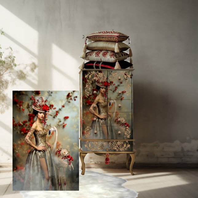 Papier Mousseline Dusty Blue & Red Floral, Portrait Art & Flamant ro (Fashionista & Flamingo, Vibrant Portrait Art. Light Silver Blue & Red Blossom, Digital Mixed Media.)