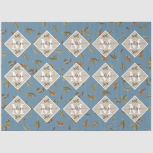 Papier Mousseline Dusty Blue Rustic Feuilles Brown Monogramme