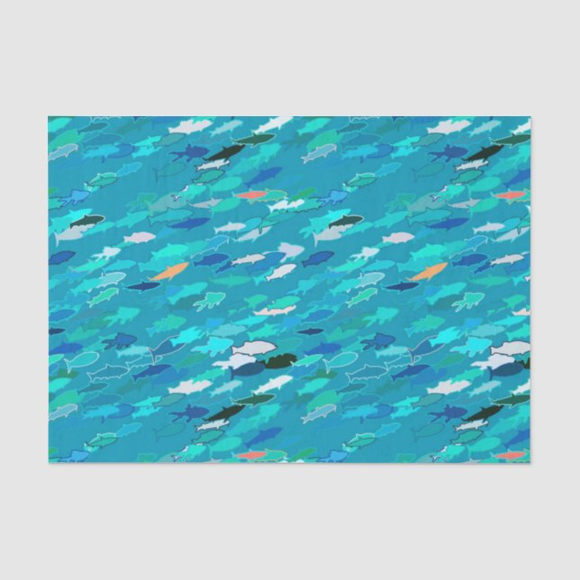 Papier Mousseline École de Poissons, Turquoise, Bleu et Aqua (Recto)