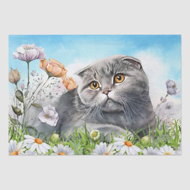 Papier Mousseline Écossais Fold Cat Floral Aquarelle (Recto)