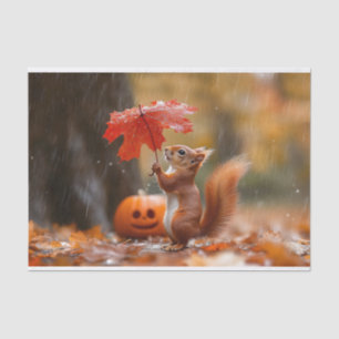 Papier Mousseline Écureuil mignon avec parapluie à feuilles - Pluie 