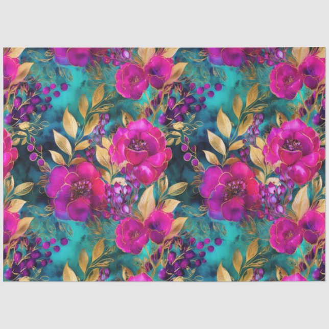 Papier Mousseline Elégant Aquarelle violet et Turquoise Fleurs Motif (Recto)