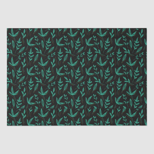 Papier Mousseline Élégant Art Linéaire de Feuilles Vertes Noires  (Recto)