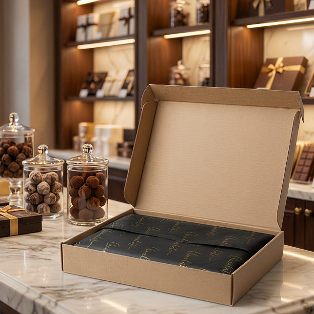 Papier Mousseline Elegant Black Gold Script Chocolatier Qr Code (Créateur téléchargé)