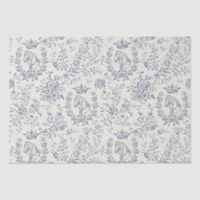 Papier Mousseline Elégant Bleu Chic Beige Equestre Toile Florale (Recto)