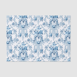 Papier Mousseline Elégant bleu et blanc Rococo Floral