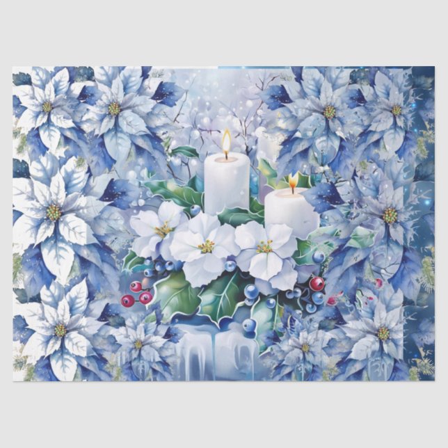 Papier Mousseline Elegant Blue Christmas Floral Candles Decoupage (Recto)