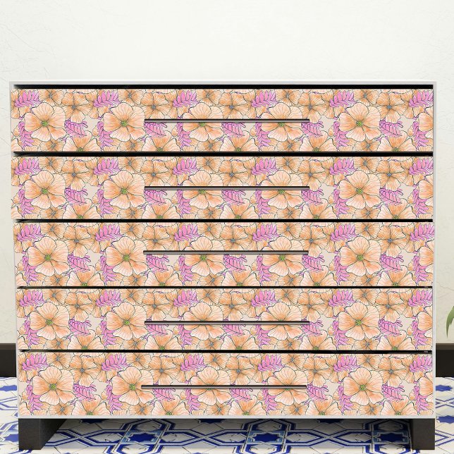 Papier Mousseline Elégant Bohème Aquarelle Peach Fleurs roses (Créateur téléchargé)