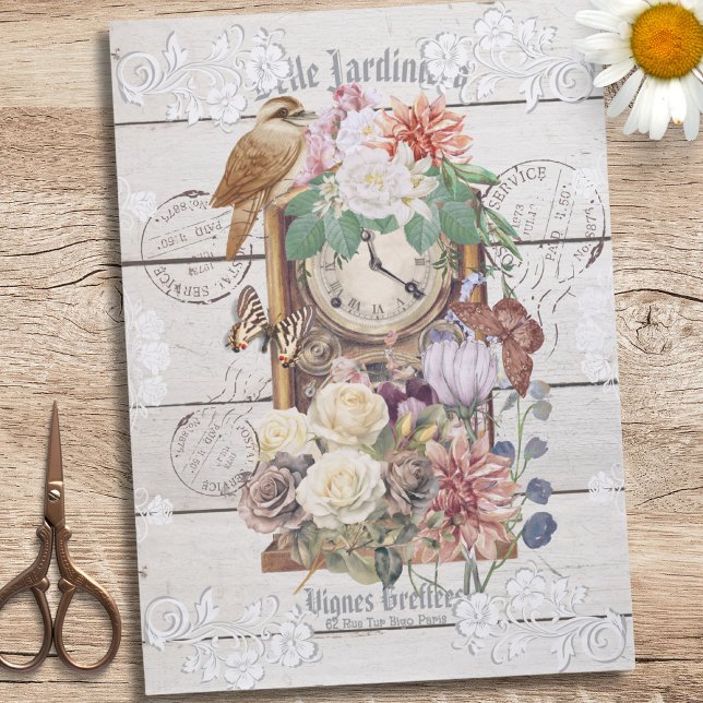 Papier Mousseline Elégant bois rustique Horloge ancienne florale fra (Créateur téléchargé)