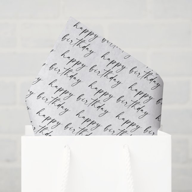 Papier Mousseline Elegant Chic Black and White Script Happy Birthday (Sac cadeau)