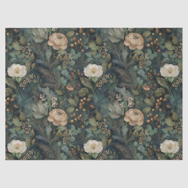 Papier Mousseline Elegant Christmas Winter Green and Cream Floral (Recto)