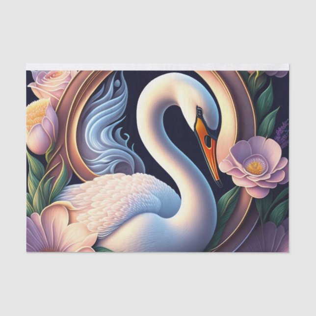 Papier Mousseline Elégant cygne d'aquarelle dans la fleur orientale (Recto)