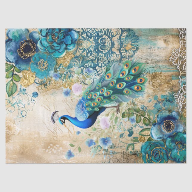 Papier Mousseline Elegant Distressed Teal Blue Florals & Peacock (Recto)
