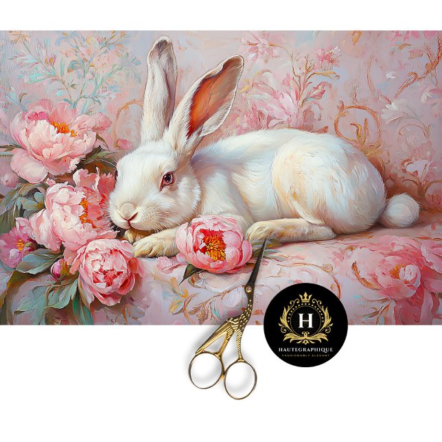 Papier Mousseline Elégant lapin blanc et pivoines roses Découpage (Créateur téléchargé)