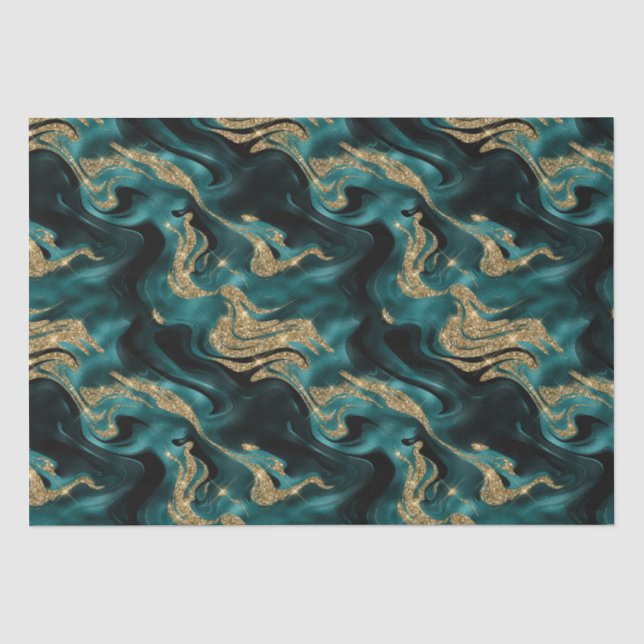 Papier Mousseline Elégant Molten Turquoise et Parties scintillant or (Recto)