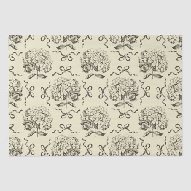 Papier Mousseline Élégant Motif en toile beige Preppy Hydrangea Bow (Recto)