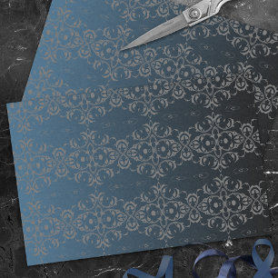 Papier Mousseline Élégant motif gris et bleu métallique Damas