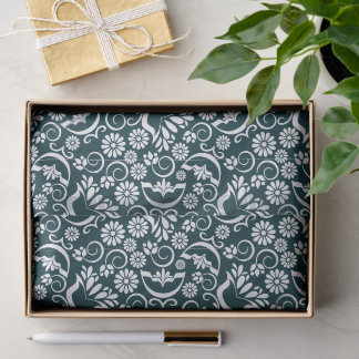 Papier Mousseline Elegant Navy Blue White Floral Vintage Scrollwork