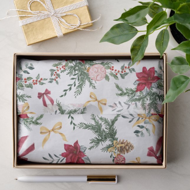Papier Mousseline Élégant Noël Botanical Greenery Motif (Cadeau)