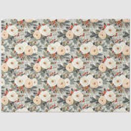 Papier Mousseline Elégant Noël Roses blanches et Berry rouge d'hiver