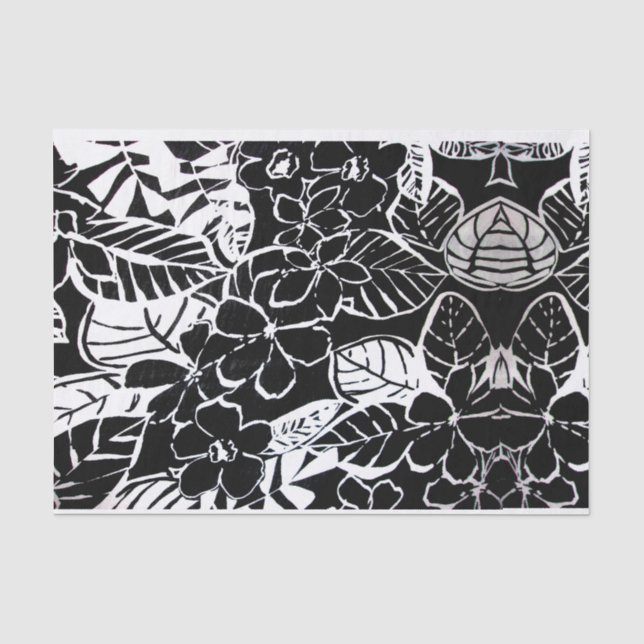 Papier Mousseline Elégant noir & blanc stylisé Fleurs & Foliage (Recto)