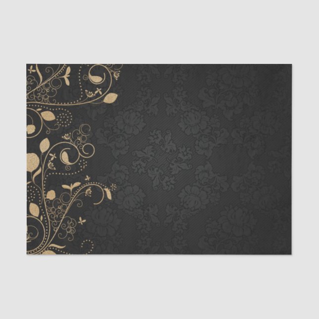 Papier Mousseline Elégant noir et or Damask (Recto)