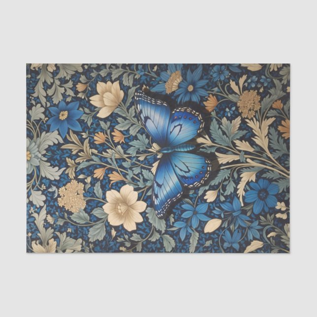 Papier Mousseline Elégant Papillon Bleu William Morris Inspiré (Recto)