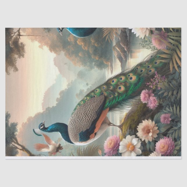 Papier Mousseline Élégant Peacock Floral Decoupage papier de papier  (Recto)