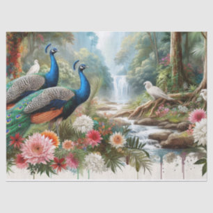 Papier Mousseline Elégant Peacocks en Forêt avec Fleurs