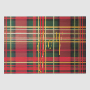 Papier Mousseline Élégant Rouge et Vert Plaid 'Joy' Script Holiday