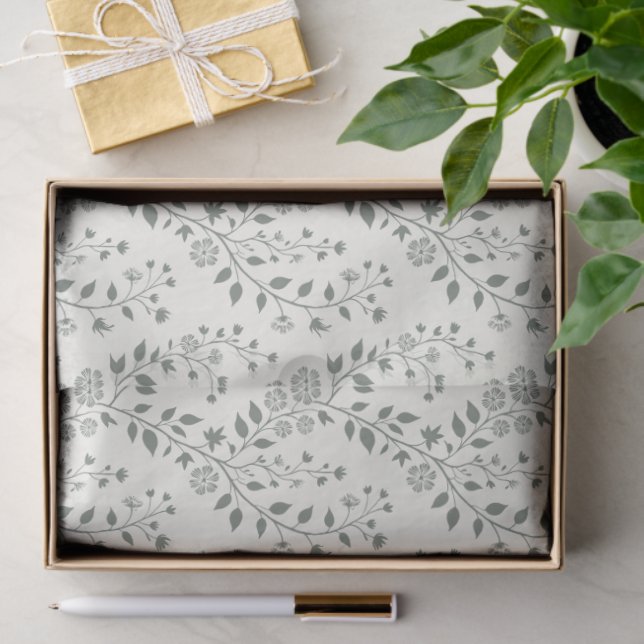 Papier Mousseline Elegant Sage Cream Minimalist Boho Floral Pattern (Cadeau)