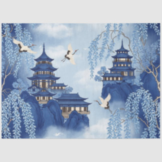 Papier Mousseline Elegant Serene Blue Chinoiserie Mountain Decoupage