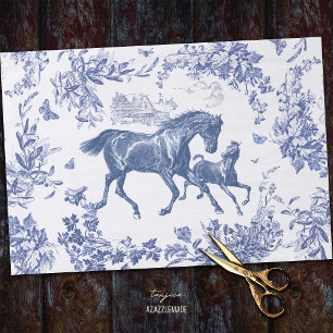 Papier Mousseline Elégant Vintage Chic Bleu Cheval Toile Florale