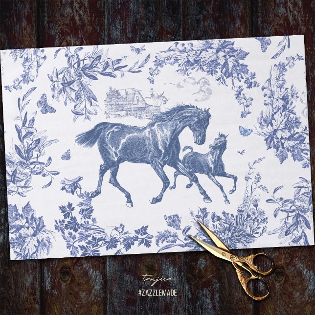 Papier Mousseline Elégant Vintage Chic Bleu Cheval Toile Florale (Créateur téléchargé)