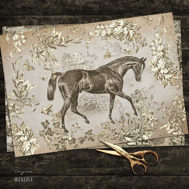 Papier Mousseline Elégant Vintage Rustique Cheval Beige Toile Floral (Créateur téléchargé)