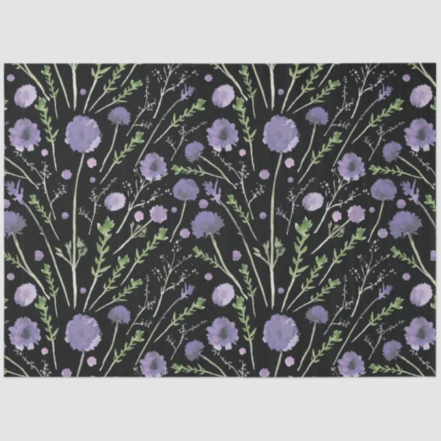 Papier Mousseline Elégant violet vert noir Aquarelle Fleurs (Recto)