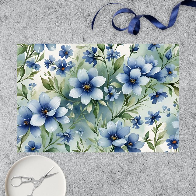 Papier Mousseline Elégante aquarelle bleu Fleurs avec Feuilles verts (Créateur téléchargé)