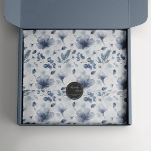 Papier Mousseline Elégante aquarelle bleu foncé motif floral