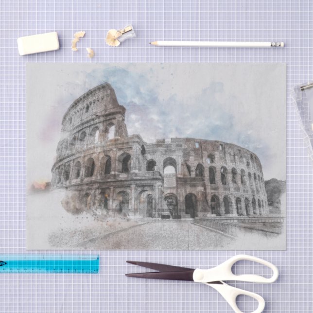 Papier Mousseline Elégante aquarelle Colisée Rome Artistique Italie (Artisanat)