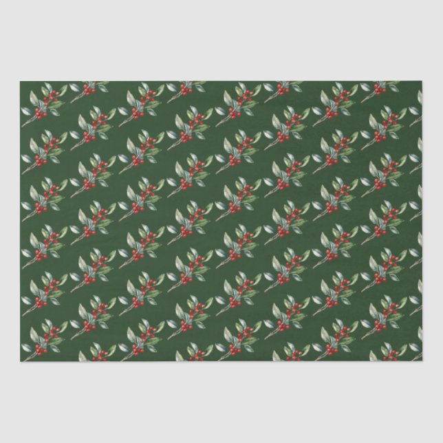 Papier Mousseline Elégante aquarelle de Noël Botanique Rouge Vert (Recto)