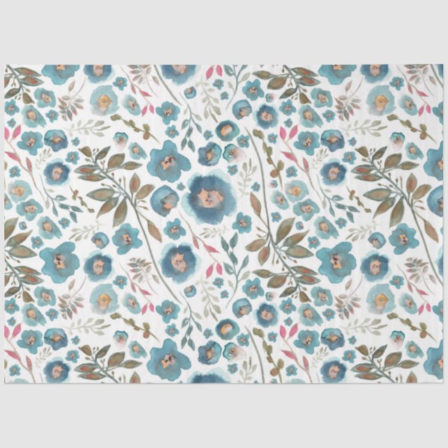 Papier Mousseline Elégante aquarelle Floral Bleu Brown (Recto)