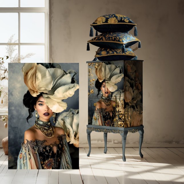 Papier Mousseline Elégante Beauté foncée, Moody Blue Florals (Luxe Blooms, Elegant, Dark Beauty Portrait & Moody Blue Floral, Statement Art, furniture decoupage )
