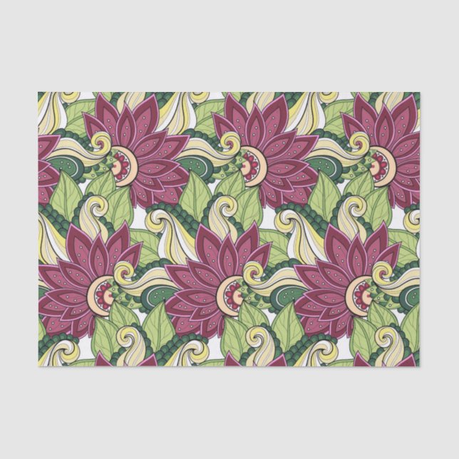 Papier Mousseline Elégante Bourgogne Vert Fleurs Jaunes Et Tourbillo (Recto)