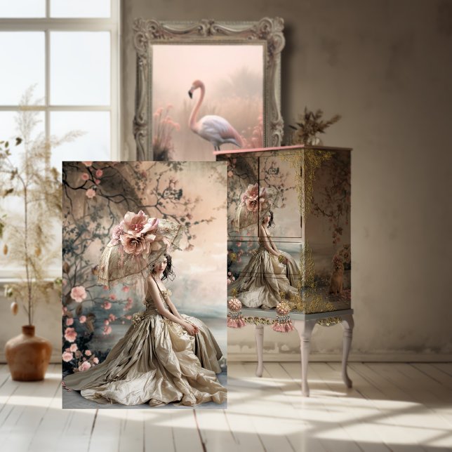 Papier Mousseline Élégante dame assise, Dreamme Floral Portrait Art (Lady & a Parasol, Romantic, French Portrait Beauty, Digital Mixed Media Art, Decoupage Tissue Paper)