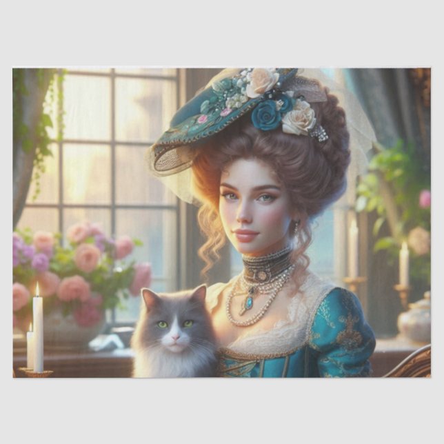 Papier Mousseline Élégante dame victorienne et chat (Recto)