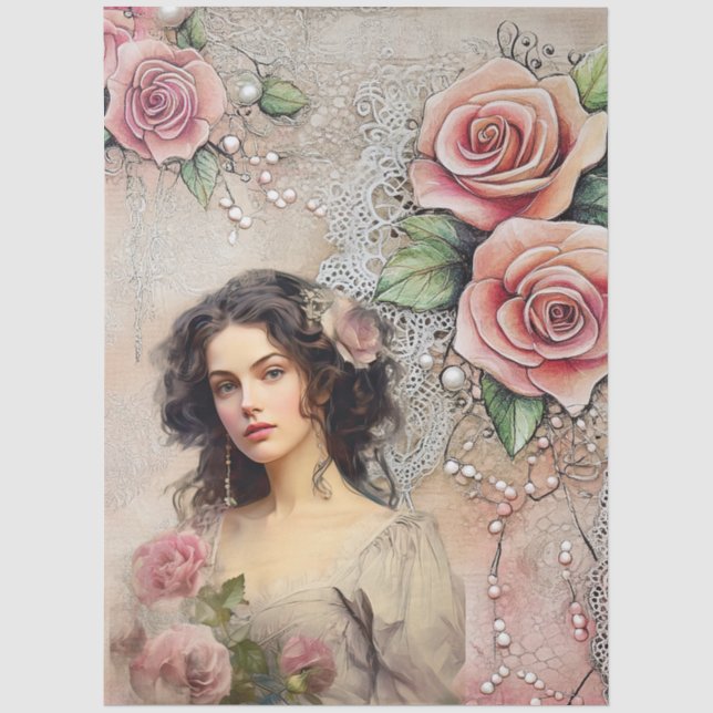 Papier Mousseline Élégante époque victorienne dame rose roses & dent (Recto)