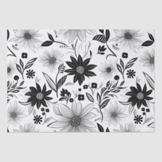 Papier Mousseline Elégante et complexe palette de fleurs noir et bla