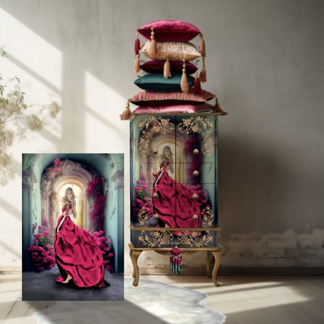 Papier Mousseline Elégante femme mascarade rêve floral Portrait Art (Viva Magenta, Mystery Woman, Floral Archway, Elegant Dress, Vibrant Portrait Art, Decoupage Paper)