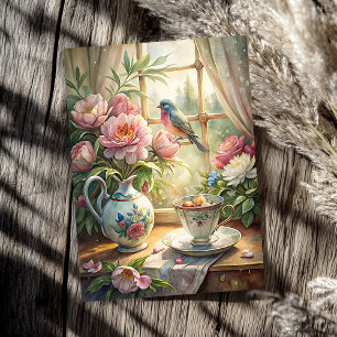 Papier Mousseline Elégante fenêtre d'été avec des pivoines roses d'o