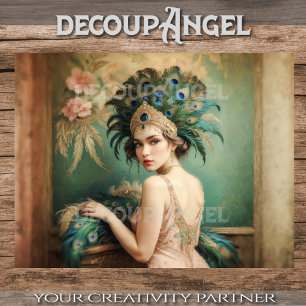 Papier Mousseline Élégante Fille Frappe avec Peacock Plumes Decoupa